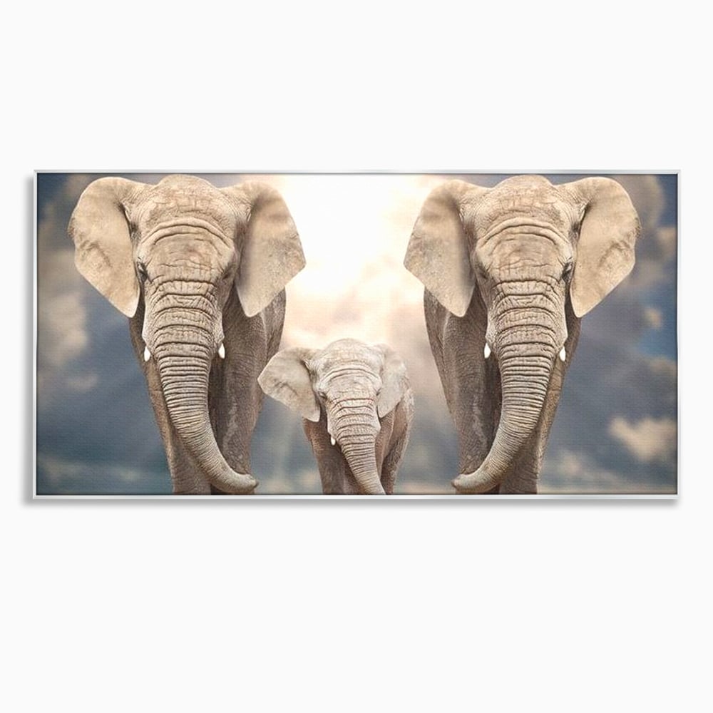 Tablou canvas cu tablou canvas cu trei elefanti, in rama de aluminiu argintiu